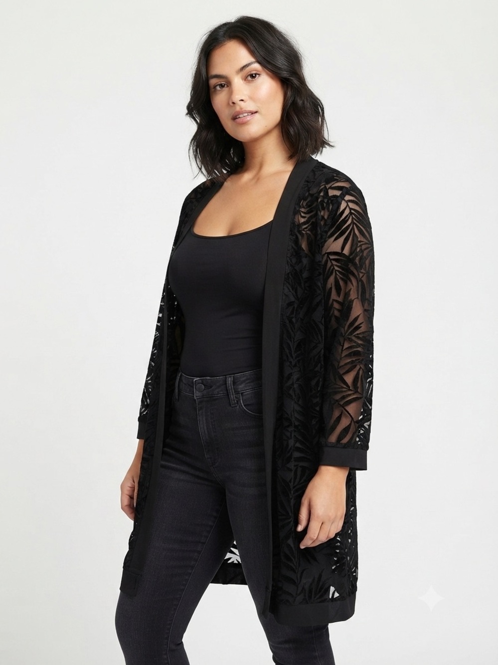 TanJay Black Sheer Burnout Palm Leaf Mesh Patterned Kimono Cardigan OS